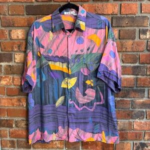 Vittorio Firenze mens vintage abstract geometric 90’s button up shirt blue L